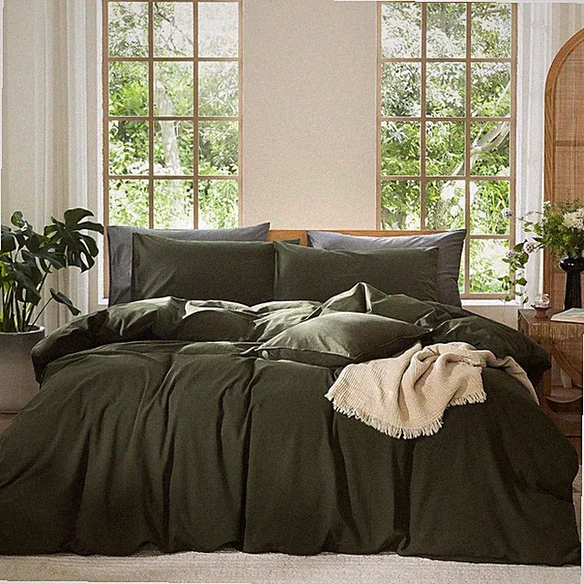 100% Washed Cotton Duvet Cover Set Soft Linen Texture Bedding 3pc Comfy