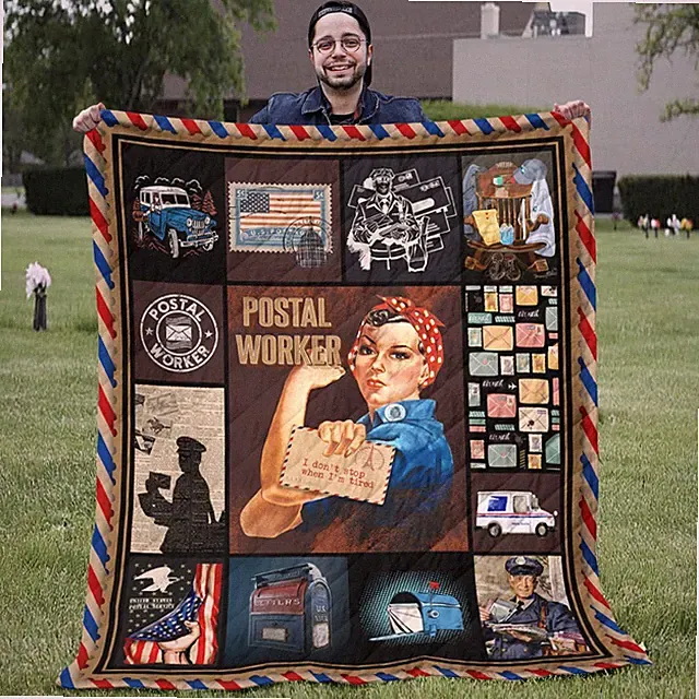 Black Silhouette Mailman Art Quilt, Retired Postal Worker Gifts Quilt Blanket