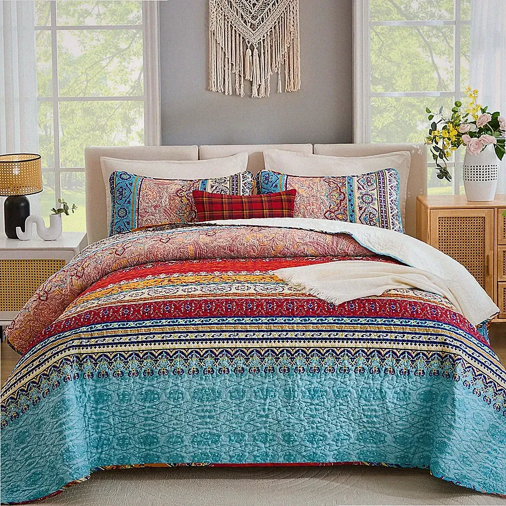 Bohemian Quilt Set Super King, Boho Striped Pattern Quilts Bedspread Set for...