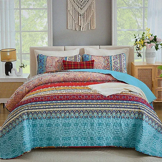 Bohemian Striped Quilt Set Lightweight Microfiber Bedspread Coverlet All Season