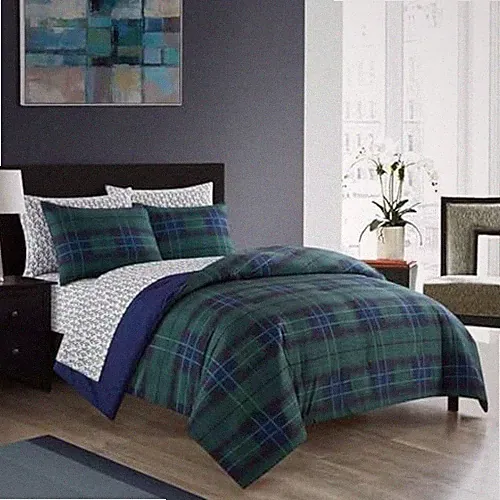Dearfoams 7 Piece Super Soft Bed in a Bag Bedding Set Blue Tartan King