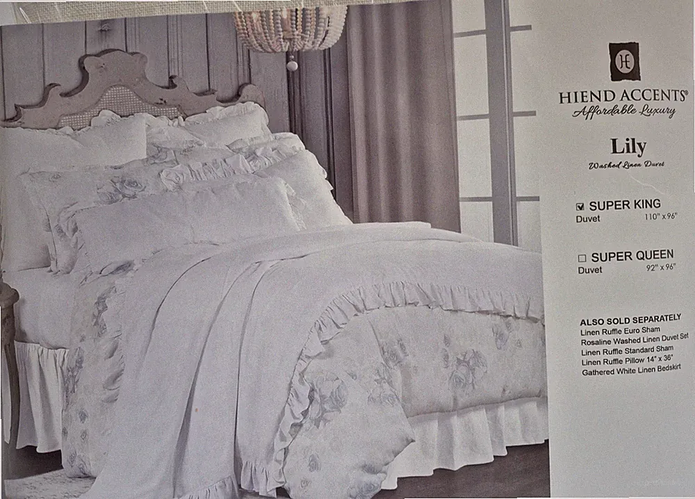 HiEnd Accents Lily Washed Linen Ruffled Duvet Cover White Size Super King 110x96