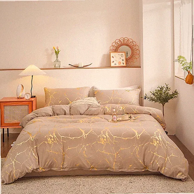 Marble Gold and Pale Brown Design 3 Piece Duvet Set