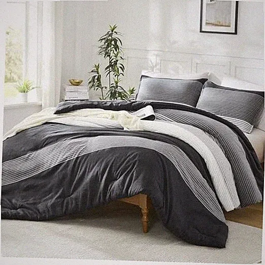 Oversized King Comforter Set White Grey 120x120-3 Super King (120"x120") Black