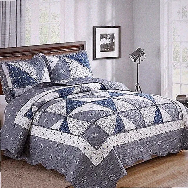 Oversized King Size Grey Floral Plaid Patchwork Quilt Set 128x120 Extra Wide