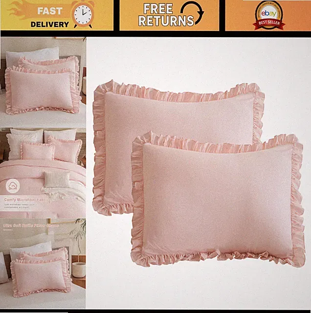 Pink Ruffle Pillow Shams King Size 20"x36" - 2 Pack Ultra Soft Boho Chic Covers