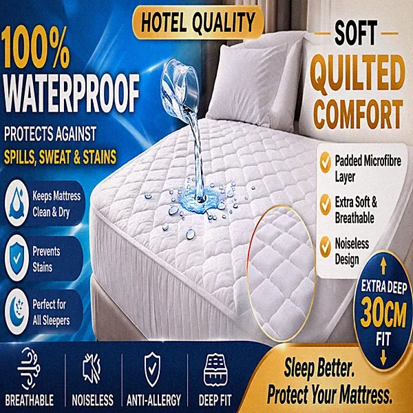 Waterproof 30cm Deep Quilted Mattress Protector Fitted Bed Cover